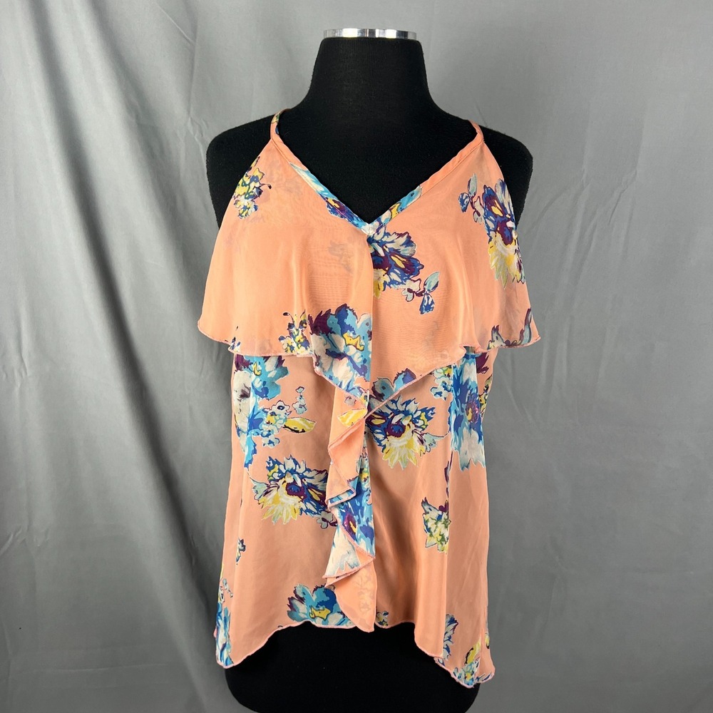 Daytrip Tank Top Womens Peach Floral Chiffon V Neck Draped Ruffle Front Tie Back